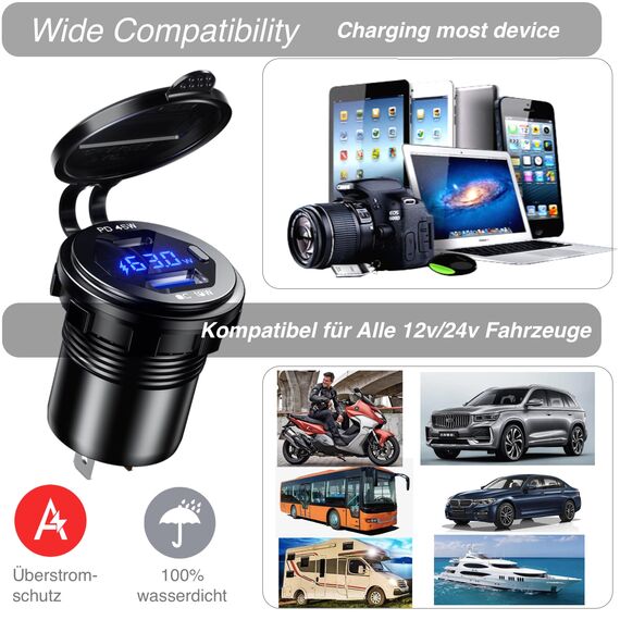 45W PD USB Steckdose 12v wasserdichte QC 3.0 12 Volt Metall USB einbau buchse mit Schalter,LED Voltmeter für Motorrad Wohnwagen Boot LKW MacBook iPhone Samsung