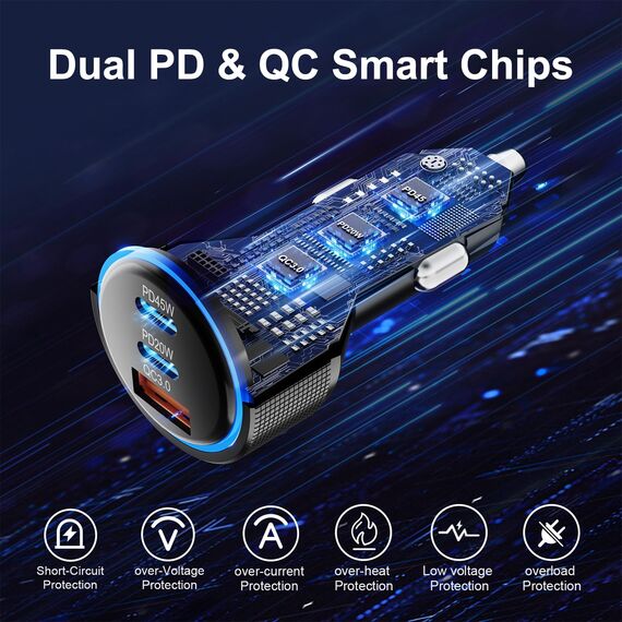 Zigarettenanzünder USB, 3-Port 65W USB C Autoladegerät PD/QC3.0 Schnellladegerät Auto Ladegerät 12V USB Adapter Auto Zigarettenanzünder Adapter für iPhone 16/15/14/13 Pro Max, Samsung Galaxy S25/S24