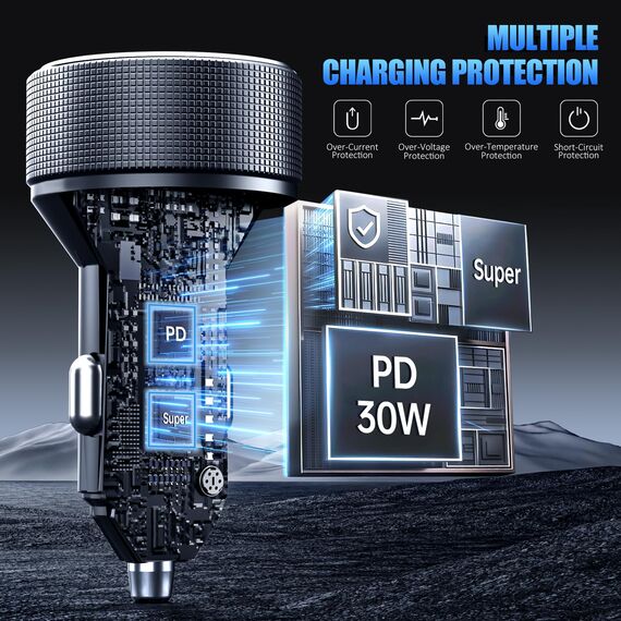 Zigarettenanzünder USB C, USB Zigarettenanzünder Adapter 12v USB Adapter Auto kfz Ladegerät Schnellladegerät für iPhone Samsung Telefon Tablets (Schwarz & Kabel)