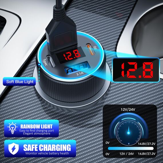 Zigarettenanzünder USB C, USB Zigarettenanzünder Adapter 12v USB Adapter Auto kfz Ladegerät Schnellladegerät für iPhone Samsung Telefon Tablets (Schwarz & Kabel)
