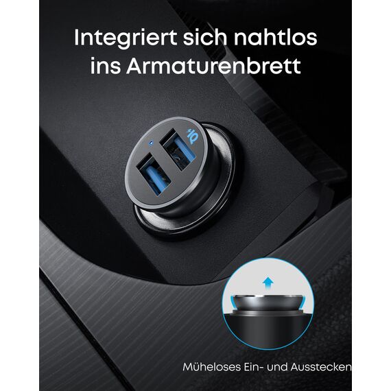 Anker 24W Car Charger Ladegerät, Mini Autoladegerät, 4.8A Duales USB Mit Blauem LED-Licht, Kompatibel Mit iPhone15/14/13, iPad Pro/Air 2/Mini, Galaxy und Mehr