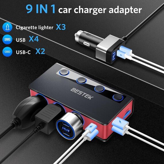 9 IN 1 Zigarettenanzünder Verteiler, BESTEK 180W Auto KFZ Ladegerät Adapter mit 65W PD & 4 Port QC3.0 kfz Ladegerät USB C Stecker Ladekabel Splitter mit LED Licht für Dash/Cam/iPad/GPS, Schwarz & Rot