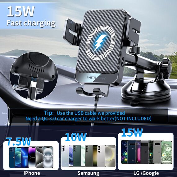 MOKPR Handyhalterung Auto mit Ladefunktion, 15W Fast Wireless Charger Auto Halterung Induktives Laden Induktion Kfz Ladegerät für iPhone 17/16/15/14/13/12, Samsung Huawei Xiaomi(Schwarz)