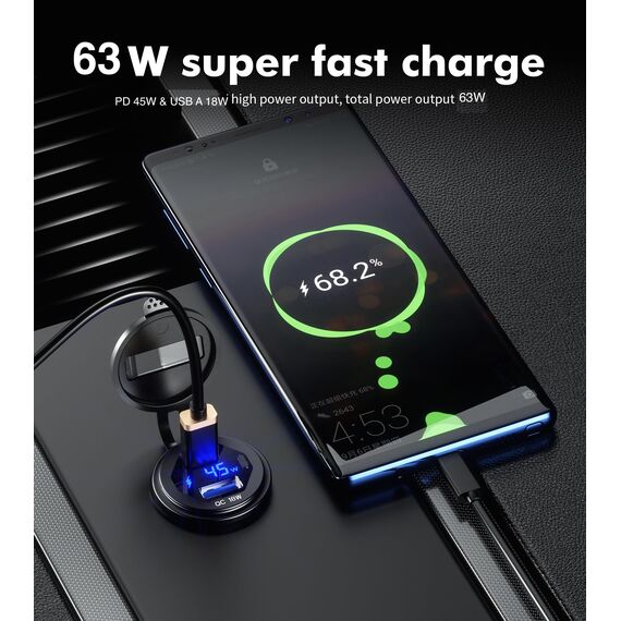 45W PD USB Steckdose 12v wasserdichte QC 3.0 12 Volt Metall USB einbau buchse mit Schalter,LED Voltmeter für Motorrad Wohnwagen Boot LKW MacBook iPhone Samsung