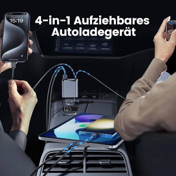 RAMPOW Zigarettenanzünder USB C, Auto Zubehör 65W Auto ladegerät Kfz Zubehör, 4in1 Einziehbares Auto Ladegerät Zigarettenanzünder Schnellladegerät mit iPhone 16/15/14/13, Samsung, iPad - Silberweiß