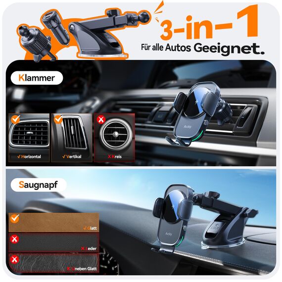 Auckly Handyhalterung Auto mit Ladefunktion, 【mit 48W-Steckdose&Sauger&Clip】 Qi 15W Fast Wireless Charger Auto Laden Automatischer Induktion Ladegerät Car für iPhone 12 13 14 15 16 Pro Max Mini Plus