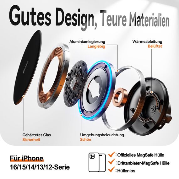 Beser 15W für Magsafe Autohalterung mit Ladefunktion, 1,89 kg-Starke Magnetkraft, Qi Kabelloses Handyhalterung, Lüftung/Armaturenbr, für iPhone 17 16 15 14 13 12 Serien, Mini, Aluminium, Schwarz