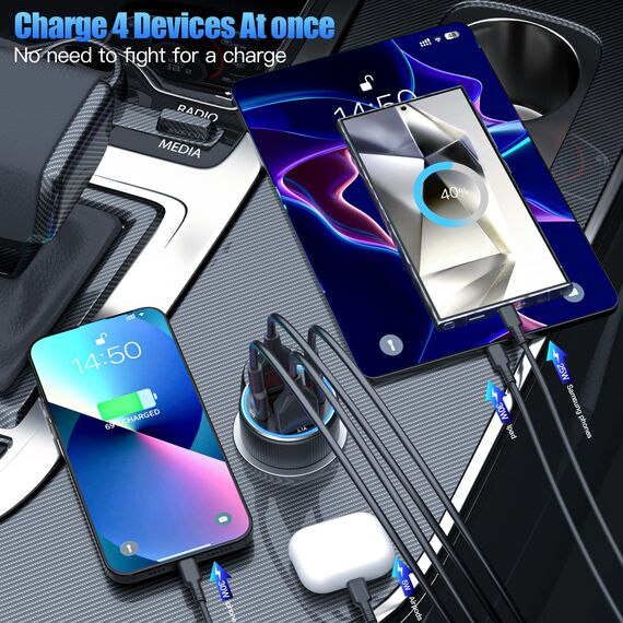 Zigarettenanzünder USB C, USB Zigarettenanzünder Adapter 12v USB Adapter Auto kfz Ladegerät Schnellladegerät für iPhone Samsung Telefon Tablets (Schwarz & Kabel)