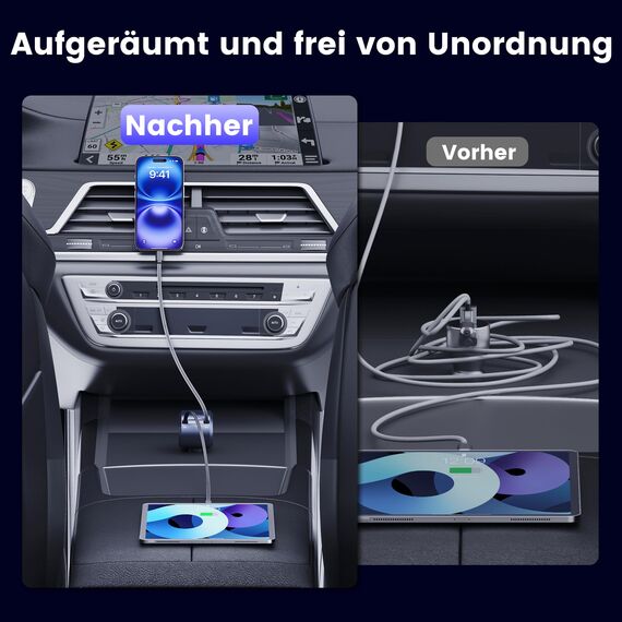 2Pack 100W Zigarettenanzünder USB C, RAMPOW 4in1 Einziehbares Auto Ladegerät, 65W USB-C Schnellladung, BMW Accessoires Car Auto Zubehör Innenraum mit MacBook, iPhone16e 15, Samsung, iPad-Mineralfarbe