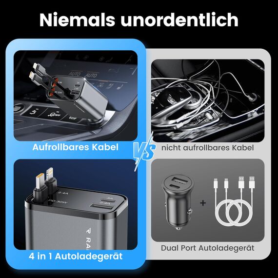 RAMPOW Zigarettenanzünder USB C, Auto Zubehör 65W Auto ladegerät Kfz Zubehör, 4in1 Einziehbares Auto Ladegerät Zigarettenanzünder Schnellladegerät mit iPhone 16/15/14/13, Samsung, iPad - Silberweiß