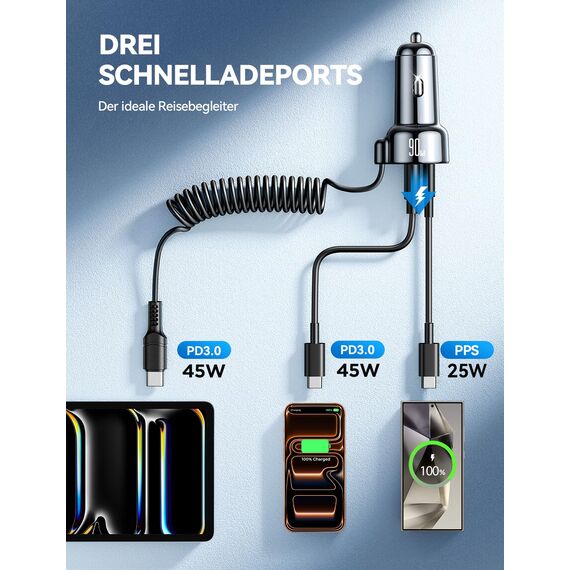 2026 Upgrade 90W Zigarettenanzünder USB C Adapter, [DUAL CHIP] 3 Häfen 45W PD3.0 & QC3.0 Schnell Kfz Ladegerät mit 1.5M Schnell Spiral Typ C Kabel, Auto ladegerät für iPhone 17/16/15, Samsung S26/S25