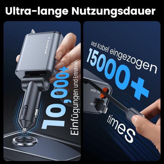 RAMPOW Zigarettenanzünder USB C, Auto Zubehör 65W Auto ladegerät Kfz Zubehör, 4in1 Einziehbares Auto Ladegerät Zigarettenanzünder Schnellladegerät mit iPhone 16/15/14/13, Samsung, iPad - Silberweiß