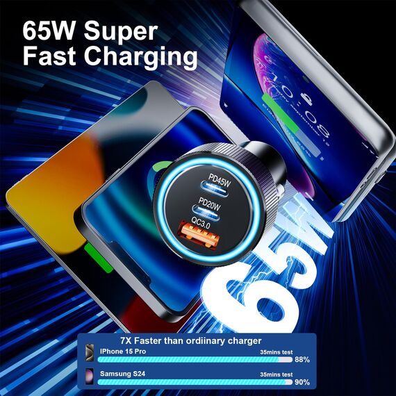 Zigarettenanzünder USB, 3-Port 65W USB C Autoladegerät PD/QC3.0 Schnellladegerät Auto Ladegerät 12V USB Adapter Auto Zigarettenanzünder Adapter für iPhone 16/15/14/13 Pro Max, Samsung Galaxy S25/S24