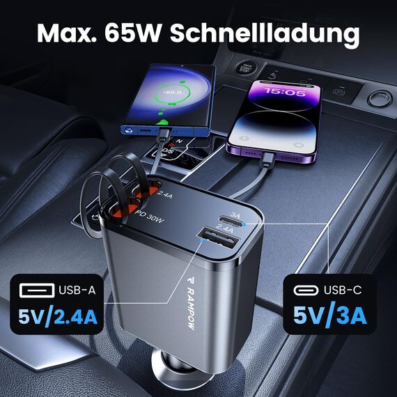 RAMPOW Zigarettenanzünder USB C, Auto Zubehör 65W Auto ladegerät Kfz Zubehör, 4in1 Einziehbares Auto Ladegerät Zigarettenanzünder Schnellladegerät mit iPhone 16/15/14/13, Samsung, iPad - Silberweiß