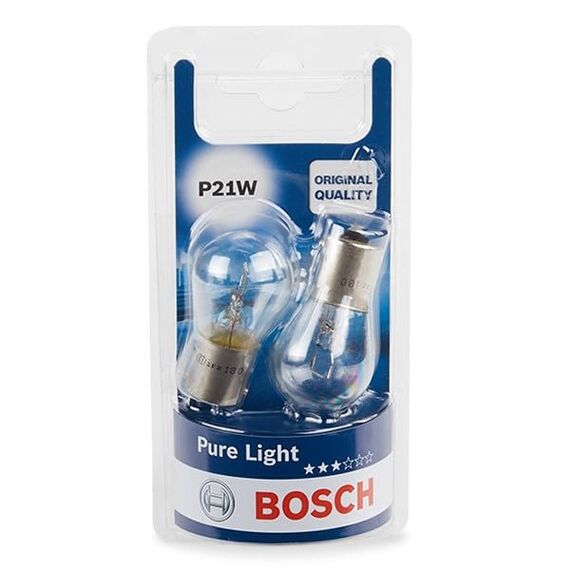 Bosch P21W Pure Light Halogen-Glühlampe für Auto-Scheinwerfer, 12 V 21 W, in Originalqualität - Lampensockel Typ BA15s - 2er-Pack Ersatz-Scheinwerferlampen