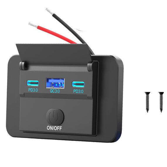78W 12V USB Steckdose Aufputz Leichtgewicht Dualer PD 30W und QC 3.0 18W Auto USB Anschluss, 12 Volt U-S-B Zigarettenanzünder Ersatz-Ladegerät Panel mit Knopfschalter für Bus Schifffahrt Motorrad