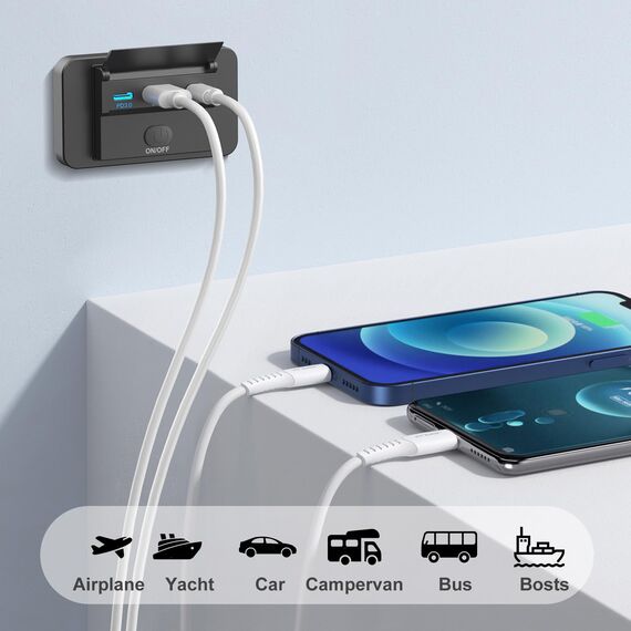 2er-Pack 12V USB Steckdose Aufputz Leichtgewicht Dualer U-S-B C 30W und QC3.0 18W Auto Anschluss, 12 Volt USB Zigarettenanzünder Ersatz-Ladegerät Panel mit Knopfschalter für Bus Schifffahrt Motorrad