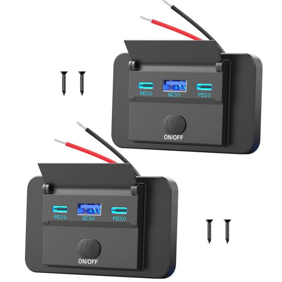 2er-Pack 12V USB Steckdose Aufputz Leichtgewicht Dualer U-S-B C 30W und QC3.0 18W Auto Anschluss, 12 Volt USB Zigarettenanzünder Ersatz-Ladegerät Panel mit Knopfschalter für Bus Schifffahrt Motorrad