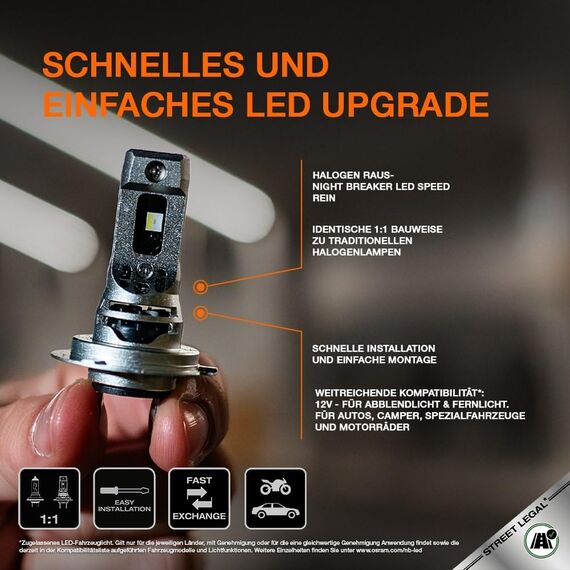 Osram NIGHT BREAKER LED SPEED H7, LED-Fern- und Abblendlicht mit Straßenzulassung, 6000K, schnelle Installation, kein mechanisches Zubehör notwendig, LEDEC02 integriert