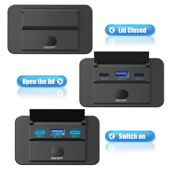 78W 12V USB Steckdose Aufputz Leichtgewicht Dualer PD 30W und QC 3.0 18W Auto USB Anschluss, 12 Volt U-S-B Zigarettenanzünder Ersatz-Ladegerät Panel mit Knopfschalter für Bus Schifffahrt Motorrad