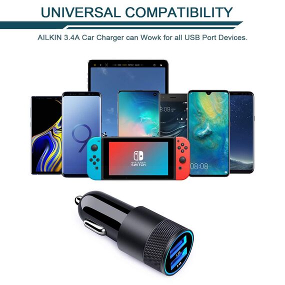 Zigarettenanzünder USB Ladegerät, AILKIN 3.4A 2-Port USB Kfz Ladegerät Auto Ladeadapter mit USBC Ladekabel für Samsung Galaxy S26 Ultra/S25 FE/S24/S23/S22/S21/A56/A55/A36/A35/A17, iPhone 17 Pro/16/15