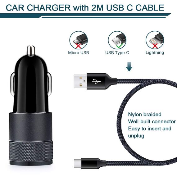 Zigarettenanzünder USB Ladegerät, AILKIN 3.4A 2-Port USB Kfz Ladegerät Auto Ladeadapter mit USBC Ladekabel für Samsung Galaxy S26 Ultra/S25 FE/S24/S23/S22/S21/A56/A55/A36/A35/A17, iPhone 17 Pro/16/15