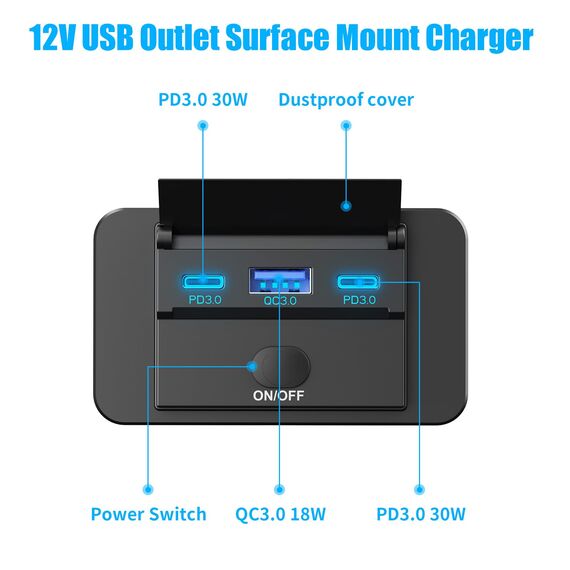 2er-Pack 12V USB Steckdose Aufputz Leichtgewicht Dualer U-S-B C 30W und QC3.0 18W Auto Anschluss, 12 Volt USB Zigarettenanzünder Ersatz-Ladegerät Panel mit Knopfschalter für Bus Schifffahrt Motorrad