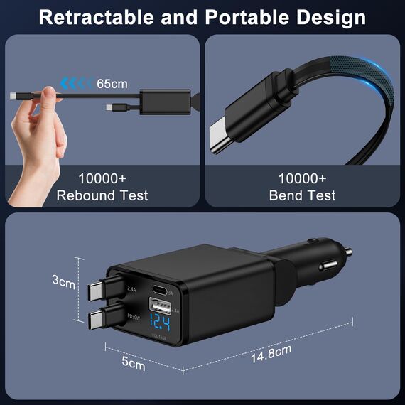 4 in 1 Zigarettenanzünder USB C, Einziehbares Auto Ladegerät 12V USB Adapter Kfz Schnellladegerät mit USB C Ladekabel für Samsung Galaxy S26 Ultra S25 S24 S23 S22 A56 A55 A36 A17 A16, iPhone 17 16 15