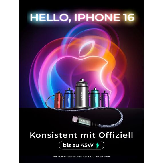AINOPE 67.5W Zigarettenanzünder USB C Auto Ladegerät, [QC 3.0 & PD 45W] Schnell Metall KFZ USB C Adapter Auto [mit C zu C Kabel], Kompatibel mit Galaxy S25 24 Ultra, iPhone 17 Pro Max 16 15 14, Xiaomi