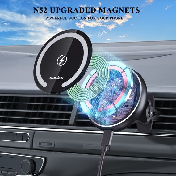 MAGJIEYX für MagSafe Autohalterung Ladegerät, 15W Magnet Auto Handyhalter mit Ladefunktion für iPhone 16/15/14/13/12 Serie, 3 in 1 Lüftung/Dashboard/Windschutzscheibe Kabelloses KfZ Halter
