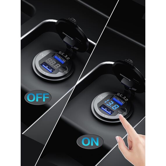12V USB Steckdose Auto Ladegerät mit Schalter,KFZ-Ladegerät Stecker 24V 12 Volt Quick Charge 3.0 Metall Wasserdicht Zigarettenanzünder Adapter USB Dose Einbaubuchse für Motorrad,Wohnwagen,Boot,LKW