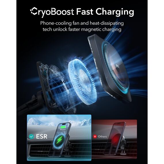 ESR für MagSafe Autohalterung Ladegerät mit CryoBoost, Handykühlung, Armaturenbrett/Lüftung Magnet Ladegerät, Handyhalterung Auto für iPhone Air/17/17e/16/15/14/13/12, Galaxy S25/S26, Schnellladen