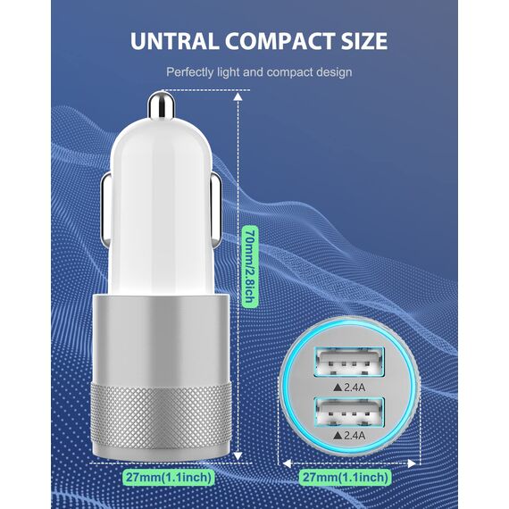 Zigarettenanzünder USB Auto Adapter,2.4A Auto Ladegerät mit 2X iPhone Ladekabel [Apple MFi Zertifiziert],Kfz Ladegerät Ladeadapter USB Zigarettenanzünder Stecker für iPhone 14 13 12 11 Pro Max/X/8/7/6