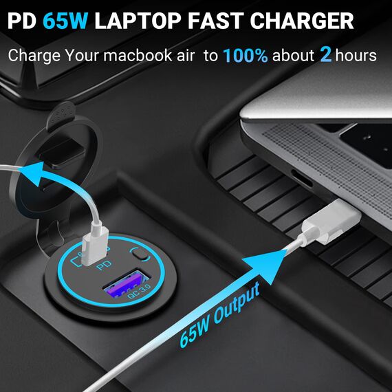 65W PD USB C 12V Steckdose: Typ C Auto USB Dose Buchse Einbau Wasserdicht 12 Volt DC Adapter Stecker mit Schalter LED USB Anschluss für MacBook Samsung iPhone KFZ Wohnmobil Motorrad Boot LKW Wohnwagen