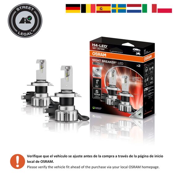 Osram NIGHT BREAKER LED SMART H4; bis zu 330% mehr Helligkeit; 6000K, 12V, LED-Fern- und Abblendlicht mit Straßenzulassung, white