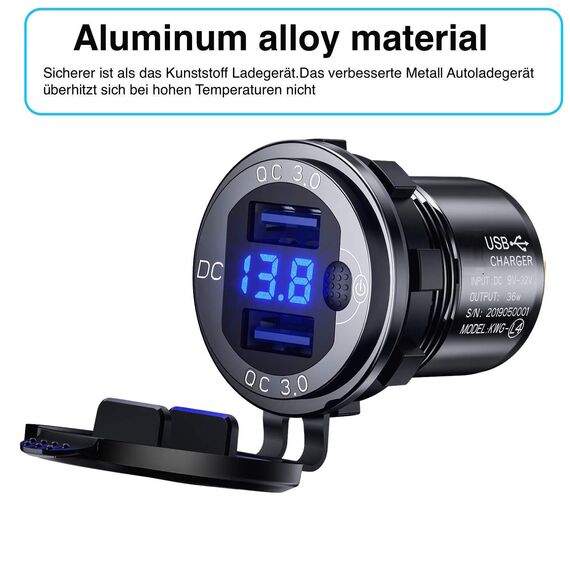 12V USB Steckdose Auto Ladegerät mit Schalter,KFZ-Ladegerät Stecker 24V 12 Volt Quick Charge 3.0 Metall Wasserdicht Zigarettenanzünder Adapter USB Dose Einbaubuchse für Motorrad,Wohnwagen,Boot,LKW
