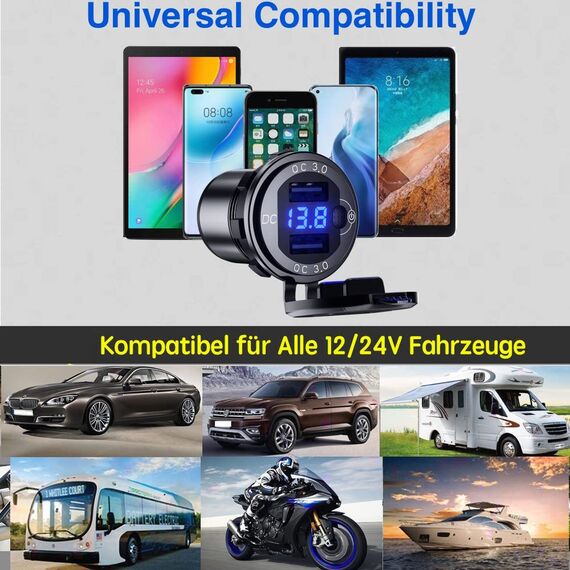 12V USB Steckdose Auto Ladegerät mit Schalter,KFZ-Ladegerät Stecker 24V 12 Volt Quick Charge 3.0 Metall Wasserdicht Zigarettenanzünder Adapter USB Dose Einbaubuchse für Motorrad,Wohnwagen,Boot,LKW