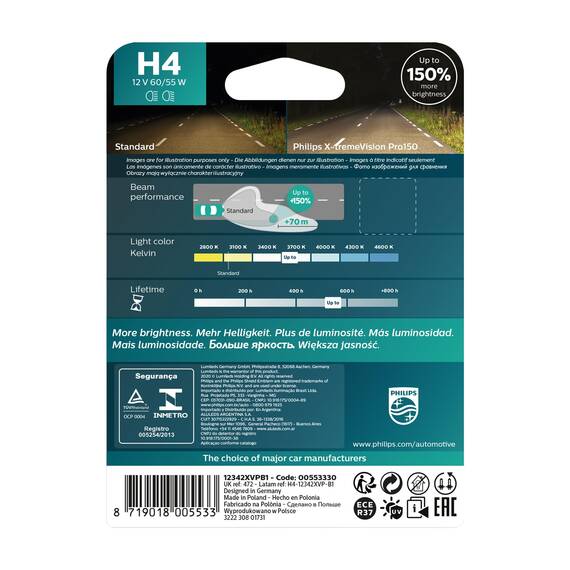Philips X-tremeVision Pro150 H4 Scheinwerferlampe +150%, Einzelblister, 553330, Single blister