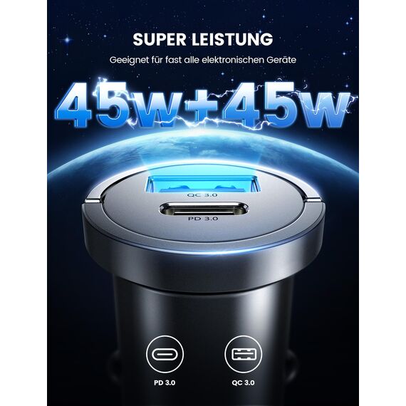 Lamicall 45W Zigarettenanzünder USB C Auto Ladegerät - [Super Mini Ganzmetall] 24V/12V USB Adapter Auto mit 45W USB C&USB A Schnellladegerät, PD&QC3.0 KFZ Autoladegerät für iPhone 17/16/15, Samsung