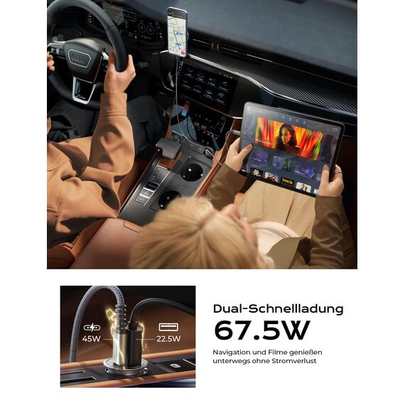 AINOPE 67.5W Zigarettenanzünder USB C Auto Ladegerät, [QC 3.0 & PD 45W] Schnell Metall KFZ USB C Adapter Auto [mit C zu C Kabel], Kompatibel mit Galaxy S25 24 Ultra, iPhone 17 Pro Max 16 15 14, Xiaomi