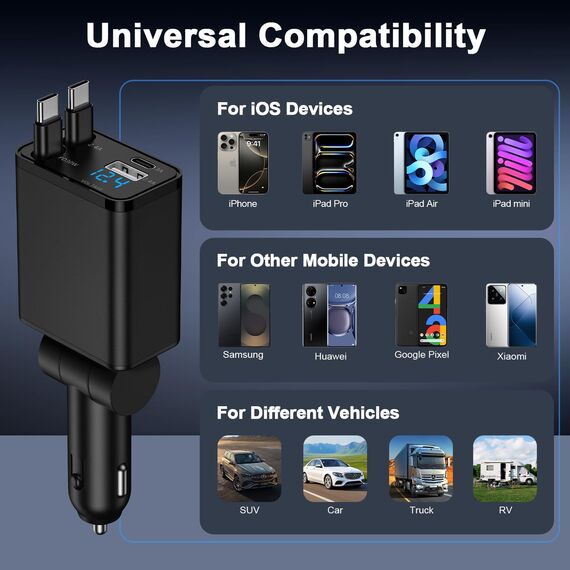 4 in 1 Zigarettenanzünder USB C, Einziehbares Auto Ladegerät 12V USB Adapter Kfz Schnellladegerät mit USB C Ladekabel für Samsung Galaxy S26 Ultra S25 S24 S23 S22 A56 A55 A36 A17 A16, iPhone 17 16 15