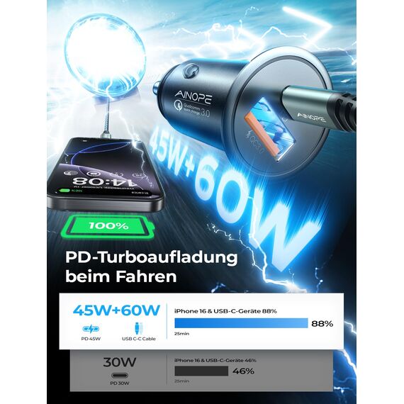 AINOPE 67.5W Zigarettenanzünder USB C Auto Ladegerät, [QC 3.0 & PD 45W] Schnell Metall KFZ USB C Adapter Auto [mit C zu C Kabel], Kompatibel mit Galaxy S25 24 Ultra, iPhone 17 Pro Max 16 15 14, Xiaomi