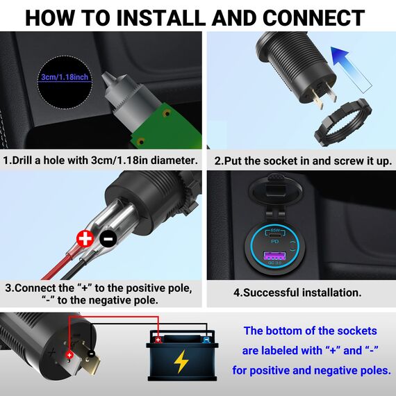 65W PD USB C 12V Steckdose: Typ C Auto USB Dose Buchse Einbau Wasserdicht 12 Volt DC Adapter Stecker mit Schalter LED USB Anschluss für MacBook Samsung iPhone KFZ Wohnmobil Motorrad Boot LKW Wohnwagen