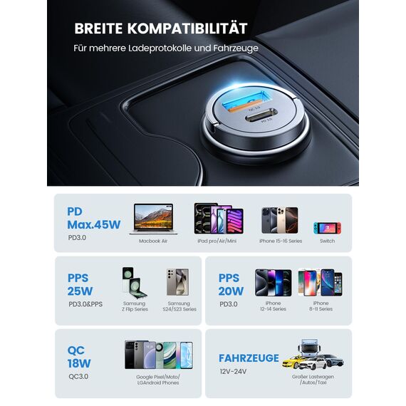 Lamicall 45W Zigarettenanzünder USB C Auto Ladegerät - [SUPER MINI] 24V/12V USB Adapter Auto mit 45W USB C&USB A, PD&QC 3.0 KFZ Autoladegerät für iPhone 17/16/15/14, Samsung S25