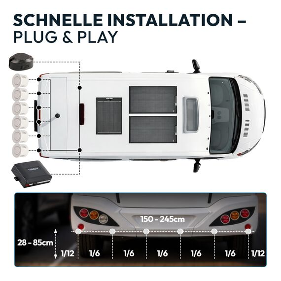 VSG24 Premium Einparkhilfe hinten zum nachrüsten am WOHNMOBIL, PDC Parksensoren hinten mit Stecksystem für einfachste Montage Rückfahrwarner mit Lautsprecher & 6 Sensoren Parkhilfe Nachrüstsatz Weiß