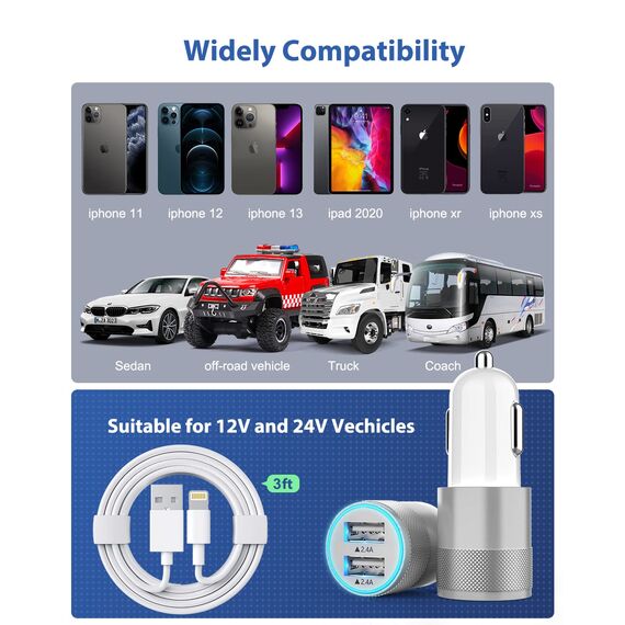Zigarettenanzünder USB Auto Adapter,2.4A Auto Ladegerät mit 2X iPhone Ladekabel [Apple MFi Zertifiziert],Kfz Ladegerät Ladeadapter USB Zigarettenanzünder Stecker für iPhone 14 13 12 11 Pro Max/X/8/7/6