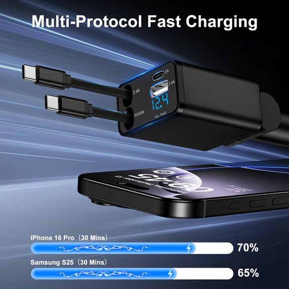 4 in 1 Zigarettenanzünder USB C, Einziehbares Auto Ladegerät 12V USB Adapter Kfz Schnellladegerät mit USB C Ladekabel für Samsung Galaxy S26 Ultra S25 S24 S23 S22 A56 A55 A36 A17 A16, iPhone 17 16 15