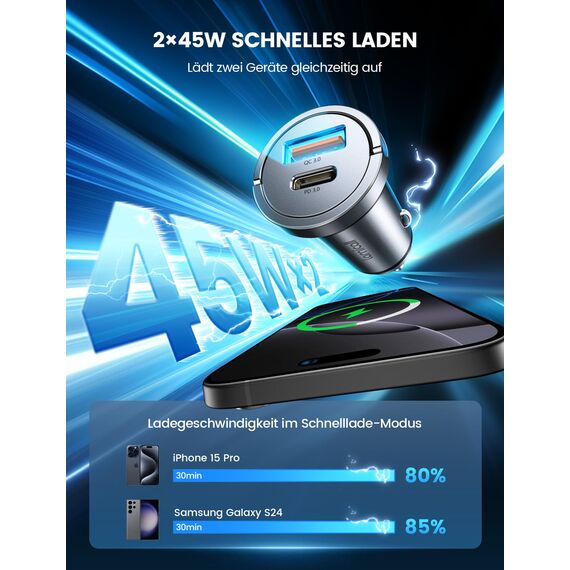 Lamicall 45W Zigarettenanzünder USB C Auto Ladegerät - [SUPER MINI] 24V/12V USB Adapter Auto mit 45W USB C&USB A, PD&QC 3.0 KFZ Autoladegerät für iPhone 17/16/15/14, Samsung S25