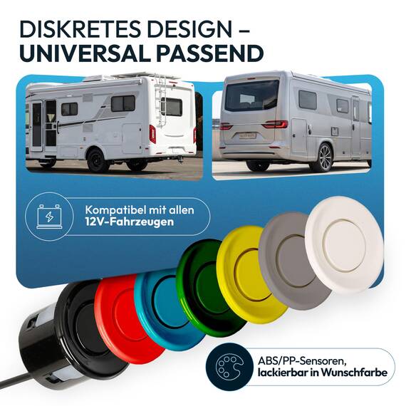 VSG24 Premium Wohnmobil Einparkhilfe zum nachrüsten, PDC Parksensoren hinten mit Stecksystem für einfachste Montage, Lautsprecher akustisch - 6 Rückfahrwarner Sensoren Parkhilfe Nachrüstsatz Schwarz