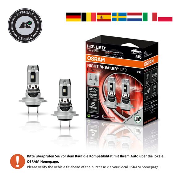 Osram NIGHT BREAKER LED SPEED H7, LED-Fern- und Abblendlicht mit Straßenzulassung, 6000K, schnelle Installation, kein mechanisches Zubehör notwendig, LEDEC02 integriert